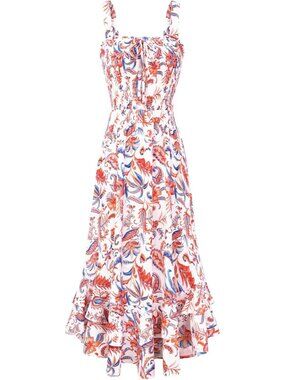 Women's Orange Blue Square Neck Strapped A LINE Floral Boho Long Maxi Dress